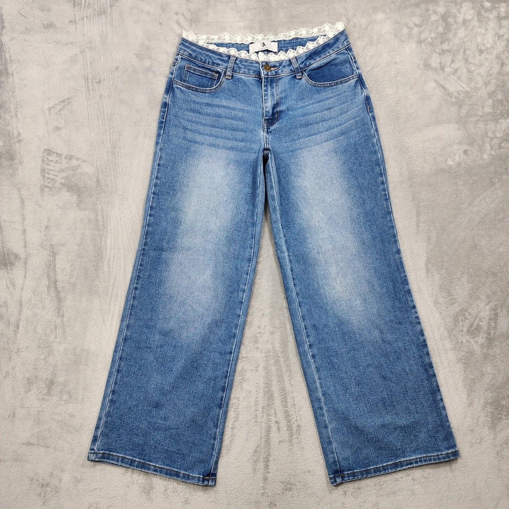 Flying Angel Jeans Womens 11/30 Blue High Rise Wide Leg Lace Trim Stretch Denim